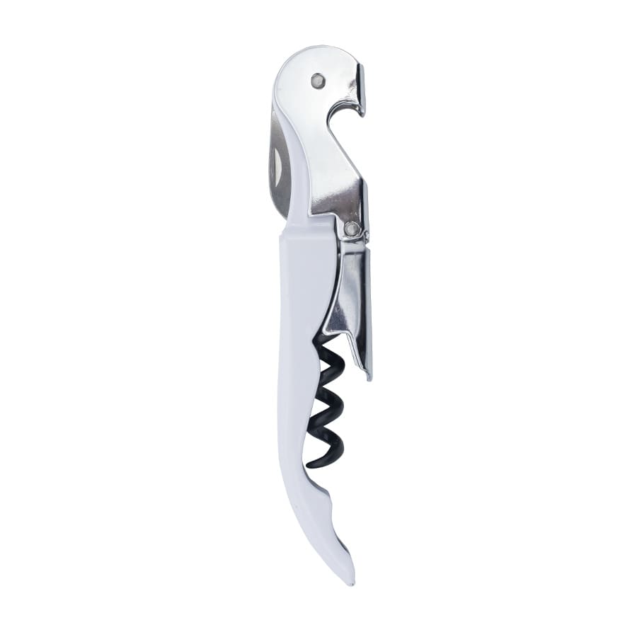 A drink bottle opener in silver and white with a corkscrew and a knife, featuring a logo on the handle.