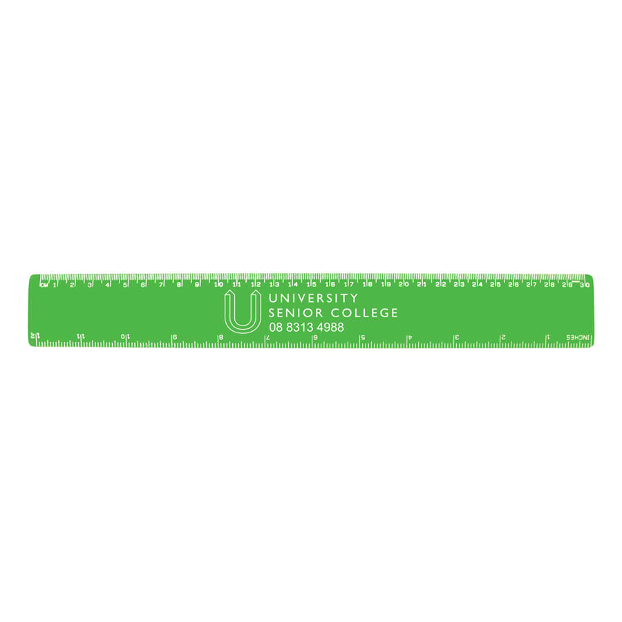 A 30cm plastic ruler in bright green, featuring measurement markings and a logo.