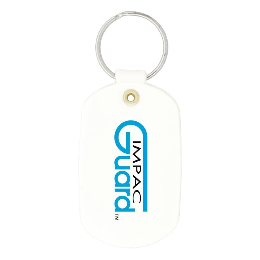 An oval white keychain with a metal ring and a logo in blue text.