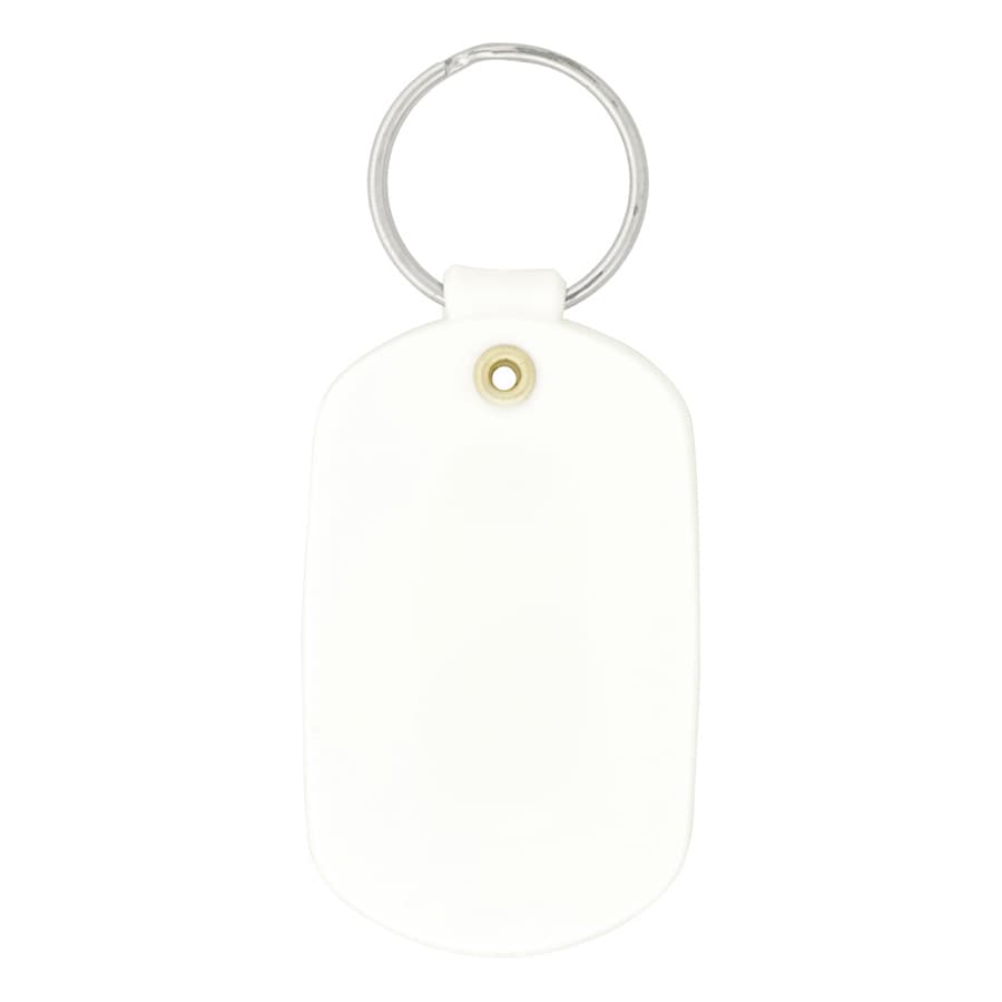 A white oval keychain featuring a silver keyring and a decorative brass eyelet.