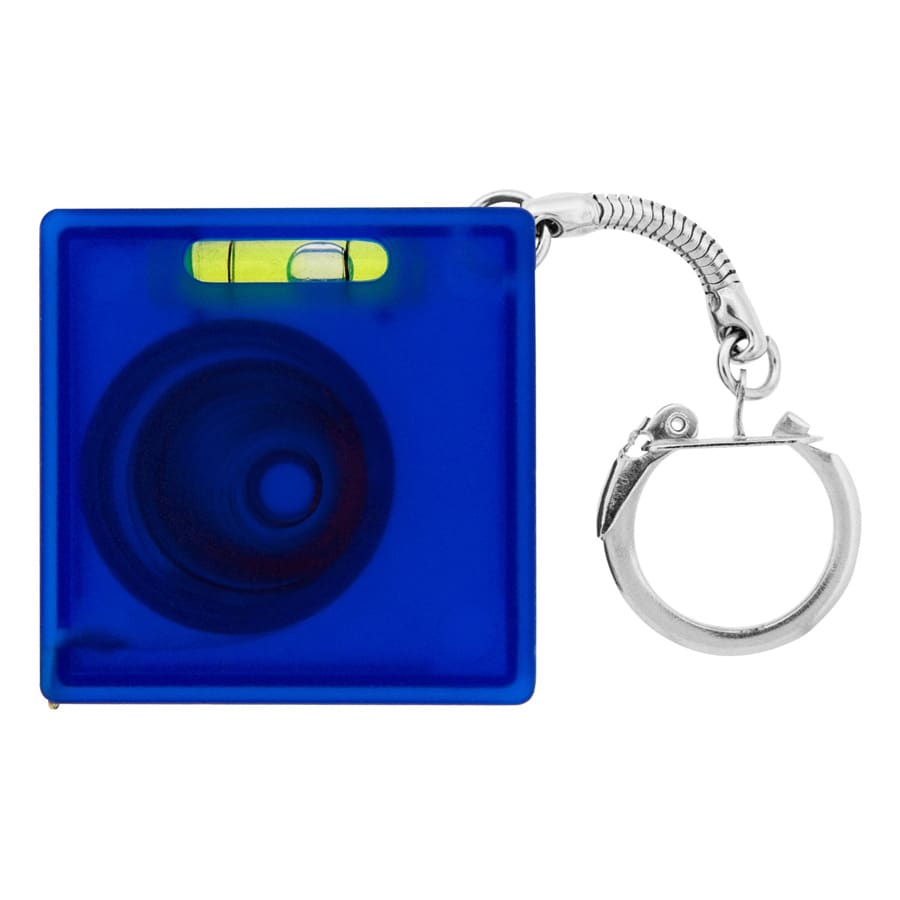 A blue tape measure with a built-in level and a silver key chain attachment.