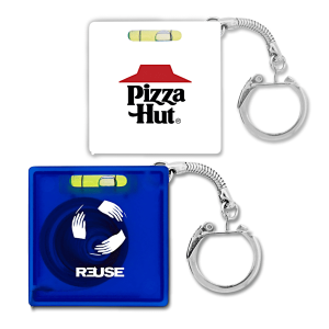 A blue and white keychain featuring a tape measure and a level, with a logo on one side.