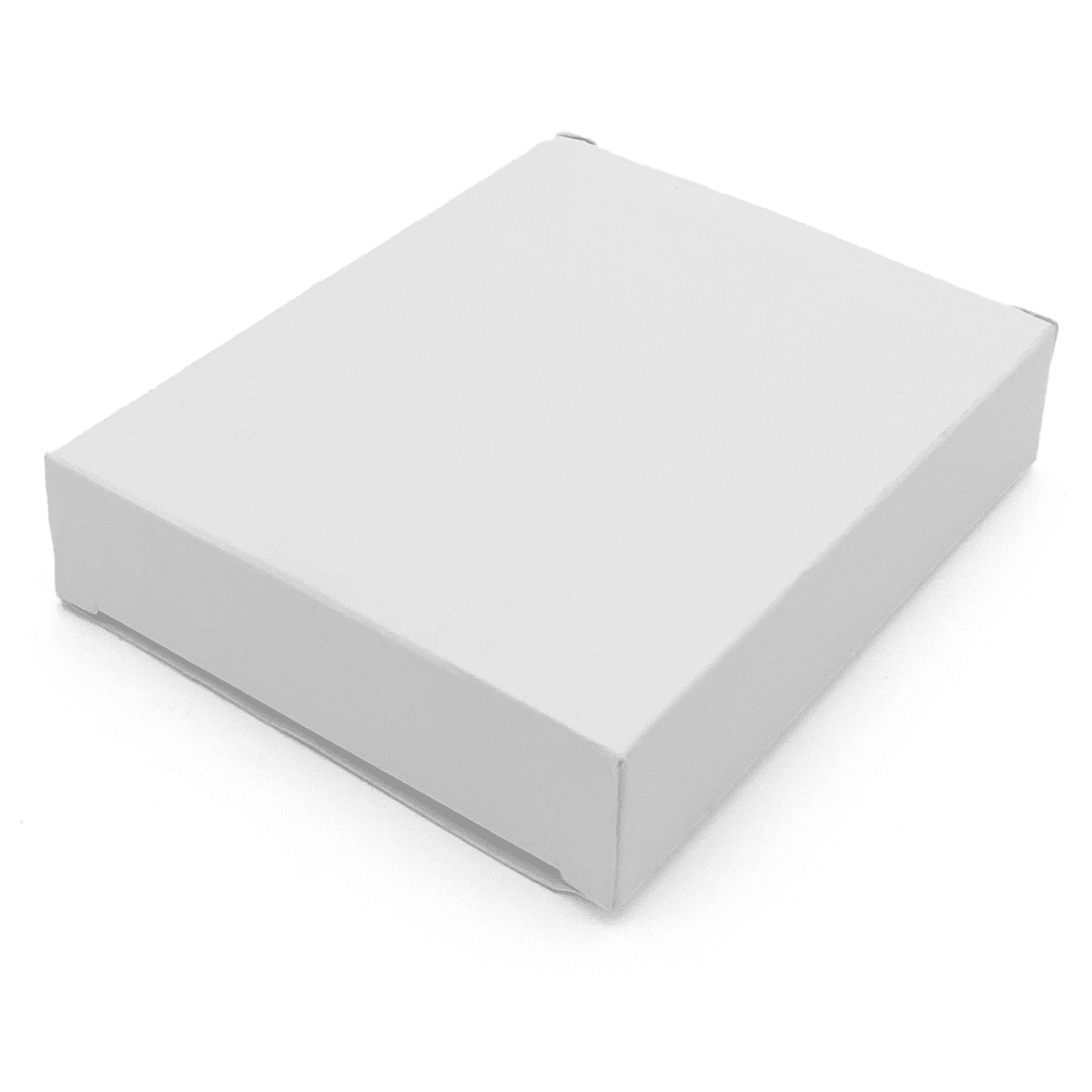 A plain white box with a slightly raised lid, featuring smooth, clean edges.