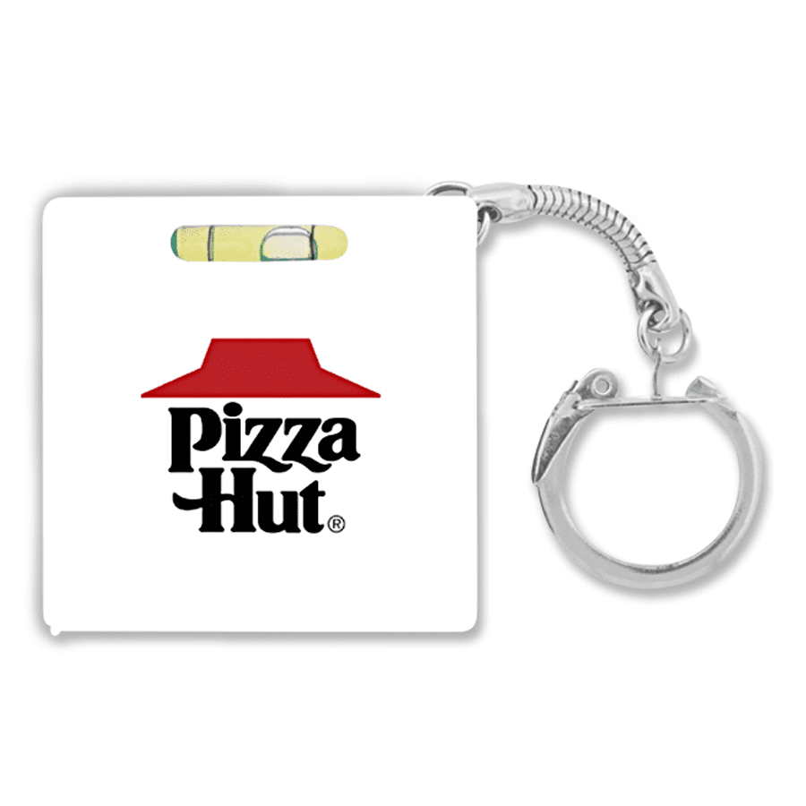 A tape measure with a level key chain featuring a red and white design and a logo.