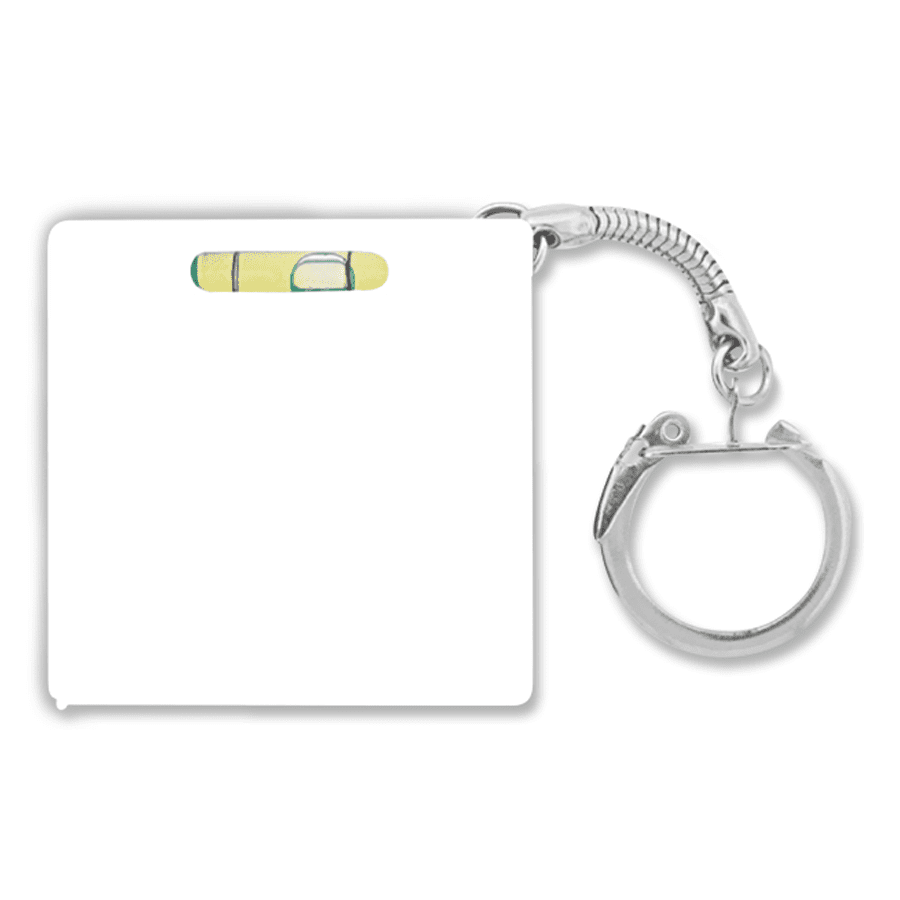 A keychain featuring a tape measure with a built-in level, in a compact, square design. It includes a silver keyring.