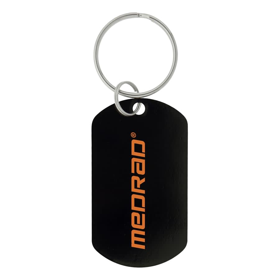 A black dog tag keychain with a silver metal keyring and an orange logo.