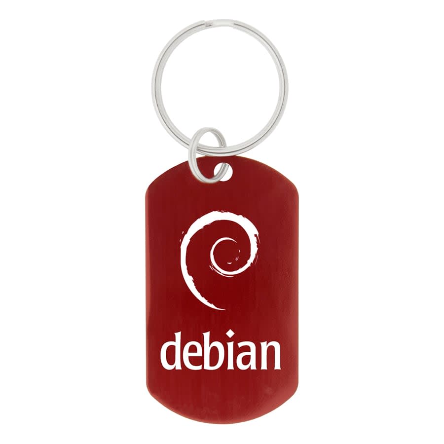 A red dog tag keychain featuring a circular logo and the word 