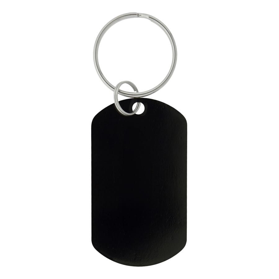 A black dog tag keychain with a metal ring for attachment. The keychain has a smooth, blank surface.