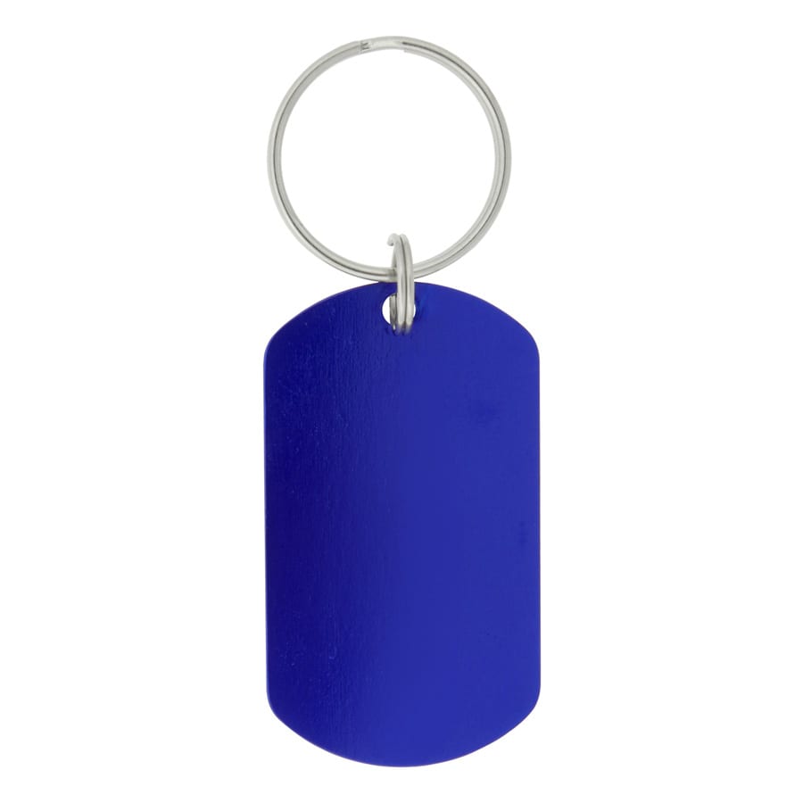 A blue dog tag keychain with a silver metal ring. It has a smooth, glossy finish.