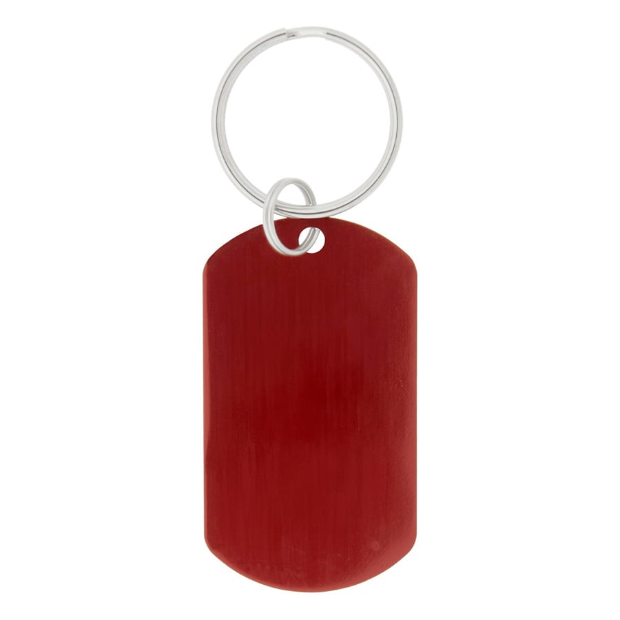 A red dog tag keychain with a metal ring for attachment. The tag has a smooth surface and rounded edges.