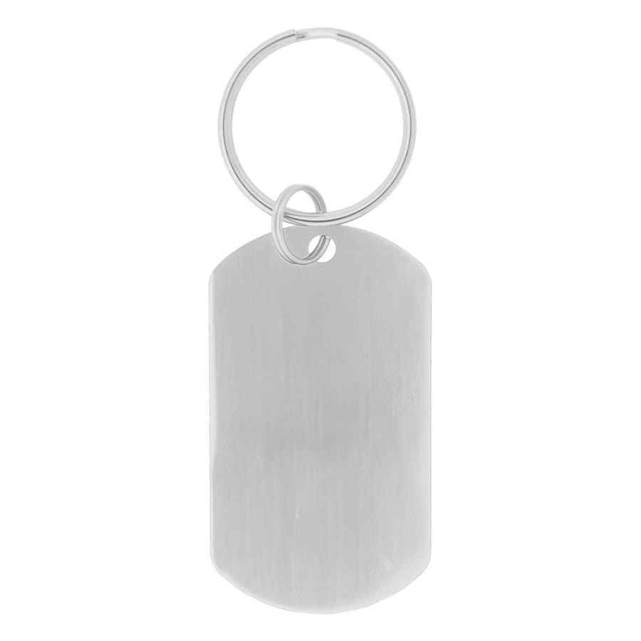 A metal dog tag keychain with a silver finish and a keyring attachment.