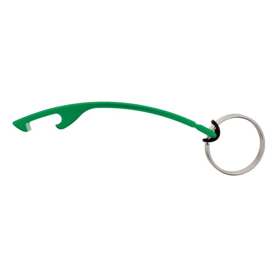 A drink bottle opener in green with a keyring attachment, featuring a sleek, curved design.