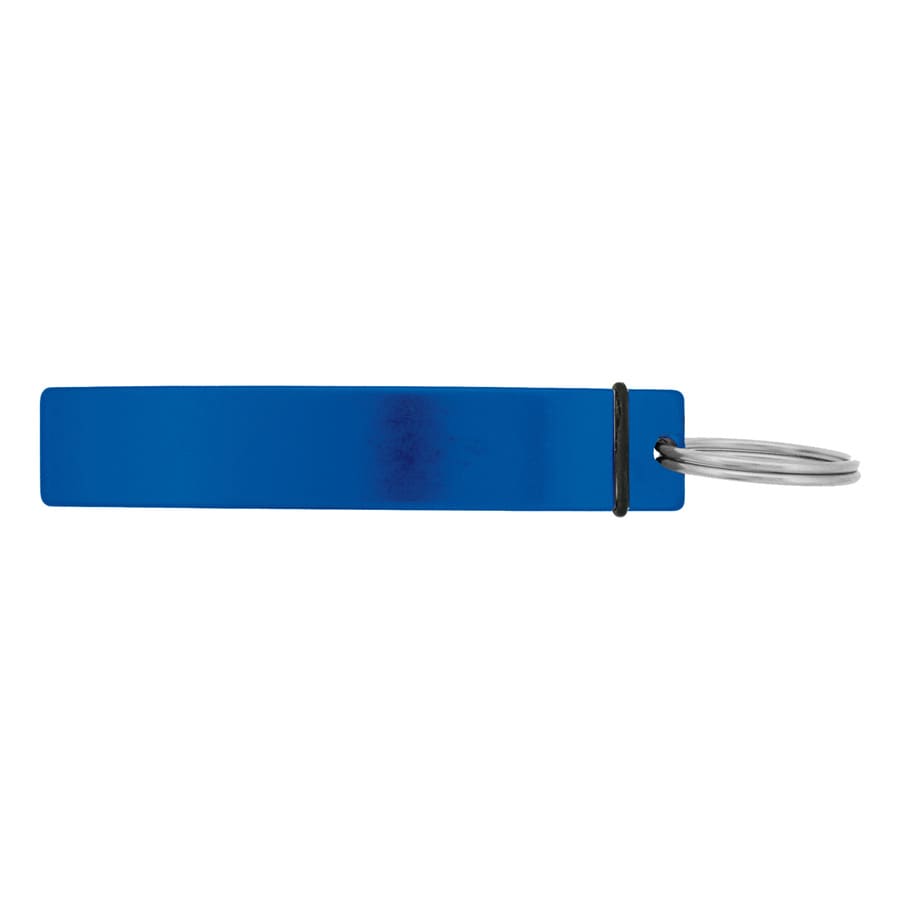 A drink bottle opener in blue, featuring a simple design with a silver keyring attachment.
