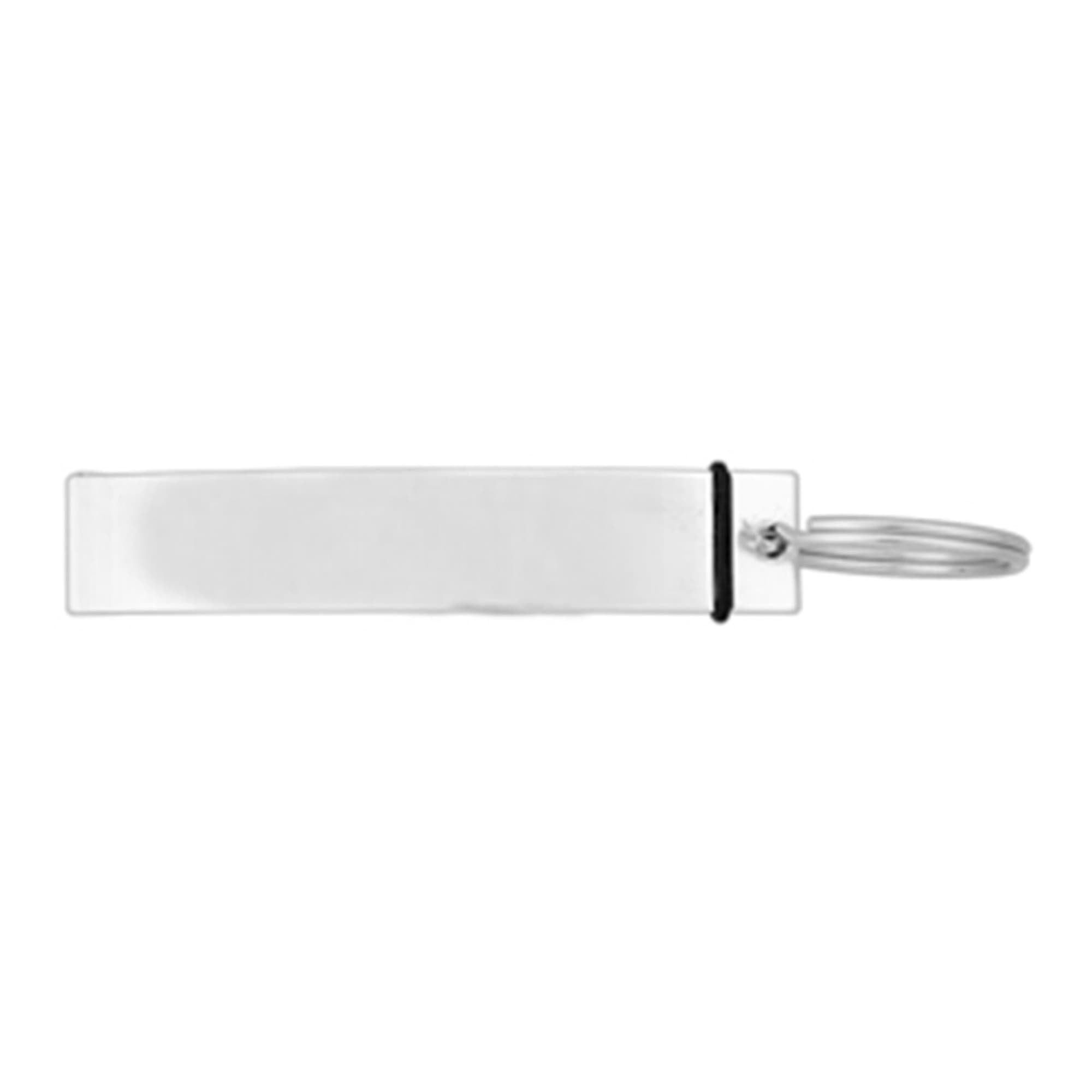 A drink bottle opener in silver metal with a keyring attachment, featuring a simple and sleek design.