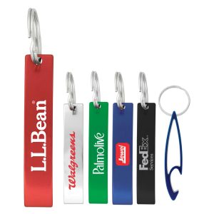 A set of variously coloured drink bottle openers in red, silver, green, black, and blue, each with a branding logo.