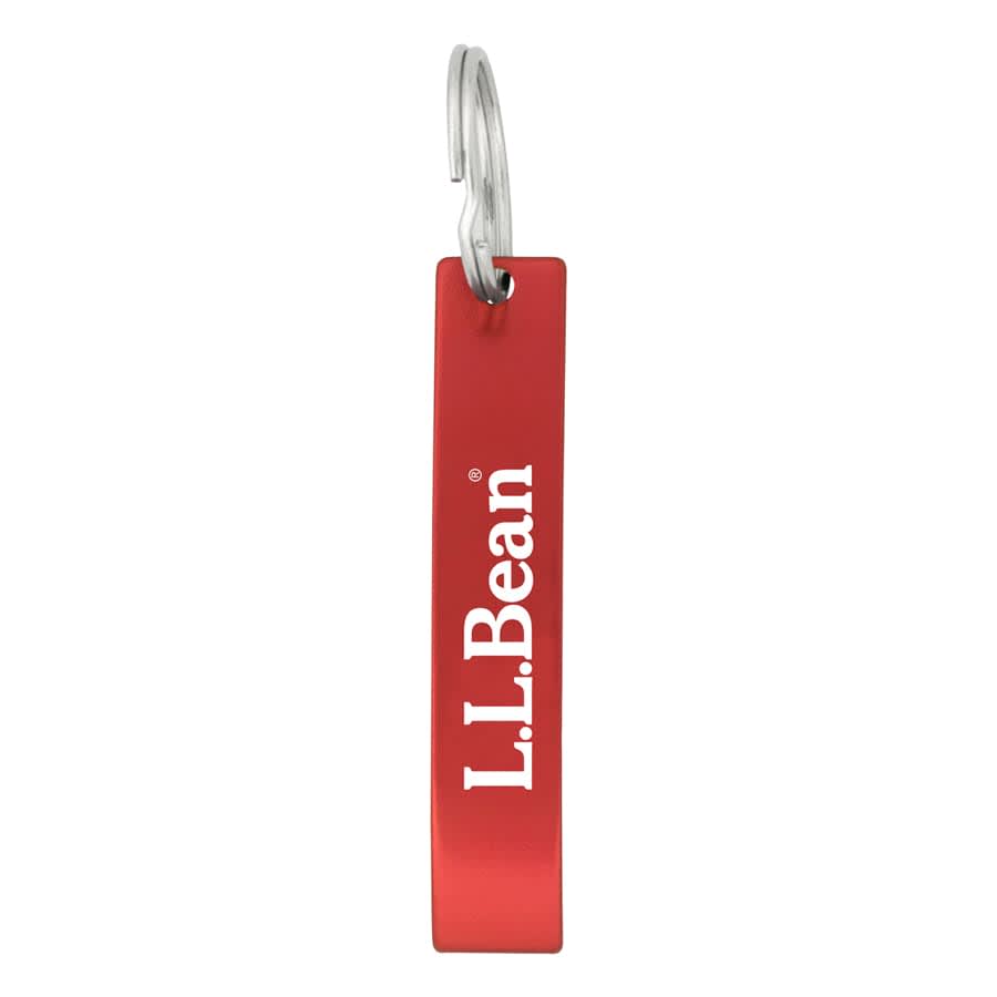 A drink bottle opener in bright red with a metal attachment and a logo.