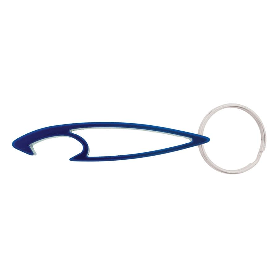 A drink bottle opener in blue, featuring a sleek design with a metal keyring attached.