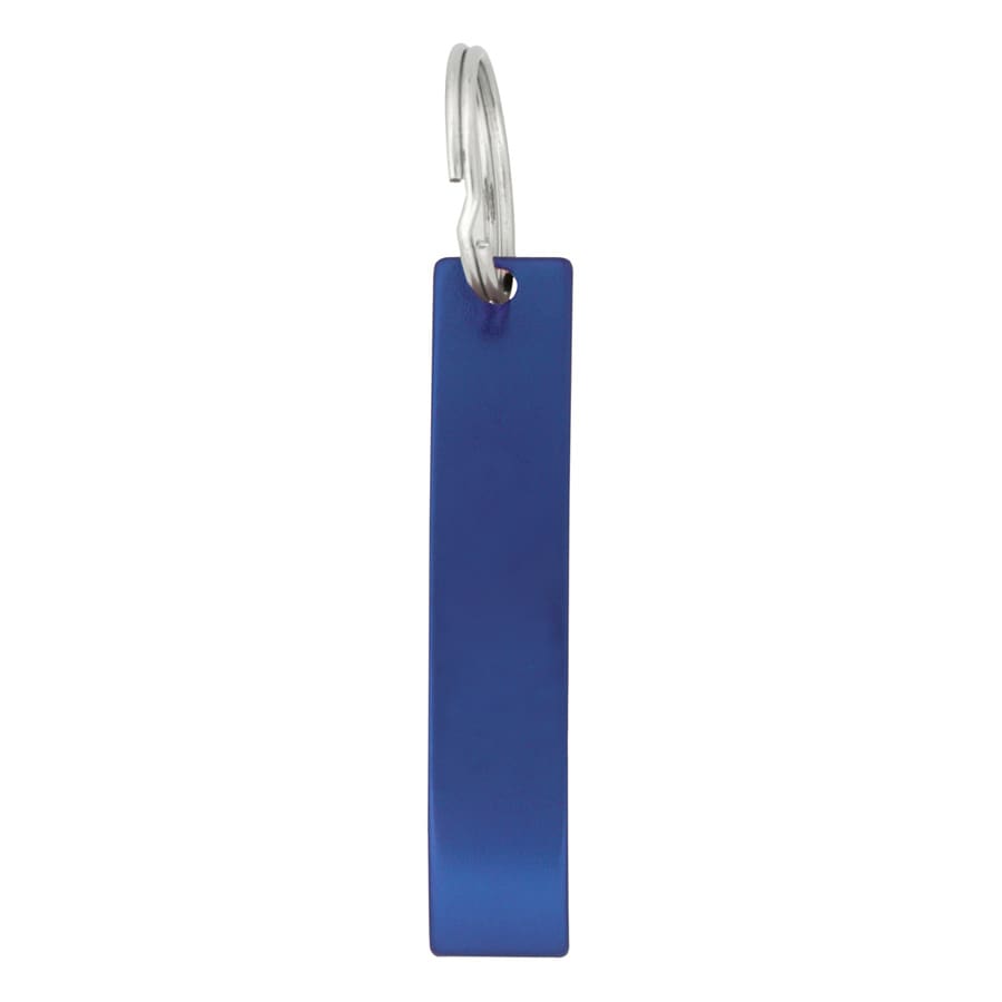 A drink bottle opener in a sleek, blue design with a metal loop for easy attachment.