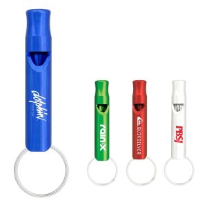 A set of aluminium metal whistle keychains in blue, green, red, and white, featuring various logos and attached key rings.