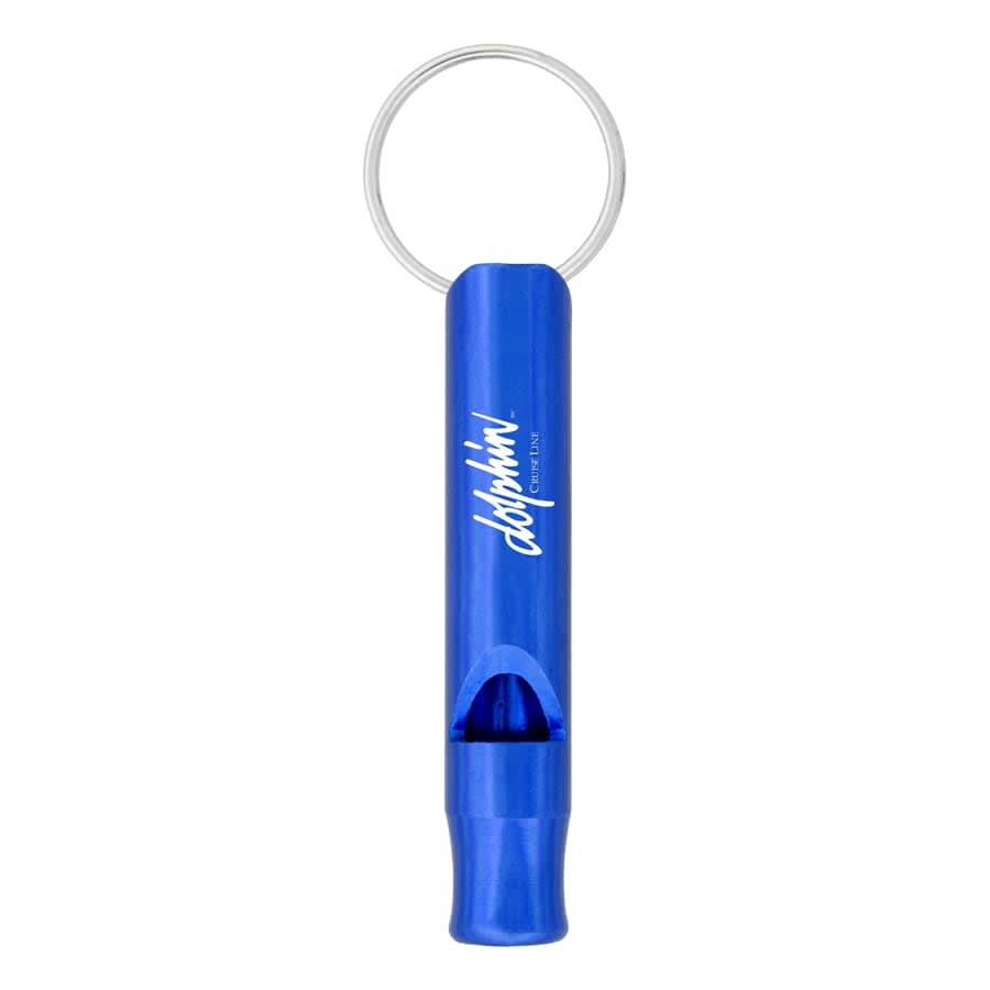 A blue aluminium whistle keychain with a keyring attachment and a logo on the side.
