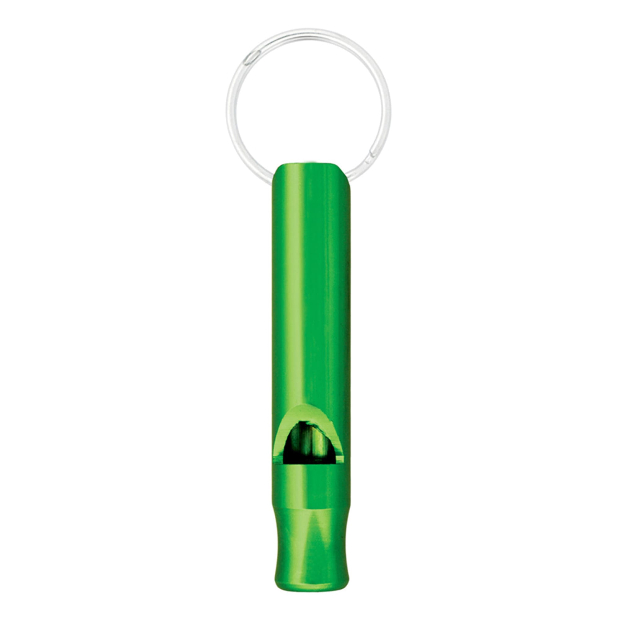 A green aluminium whistle keychain with a silver keyring attachment.