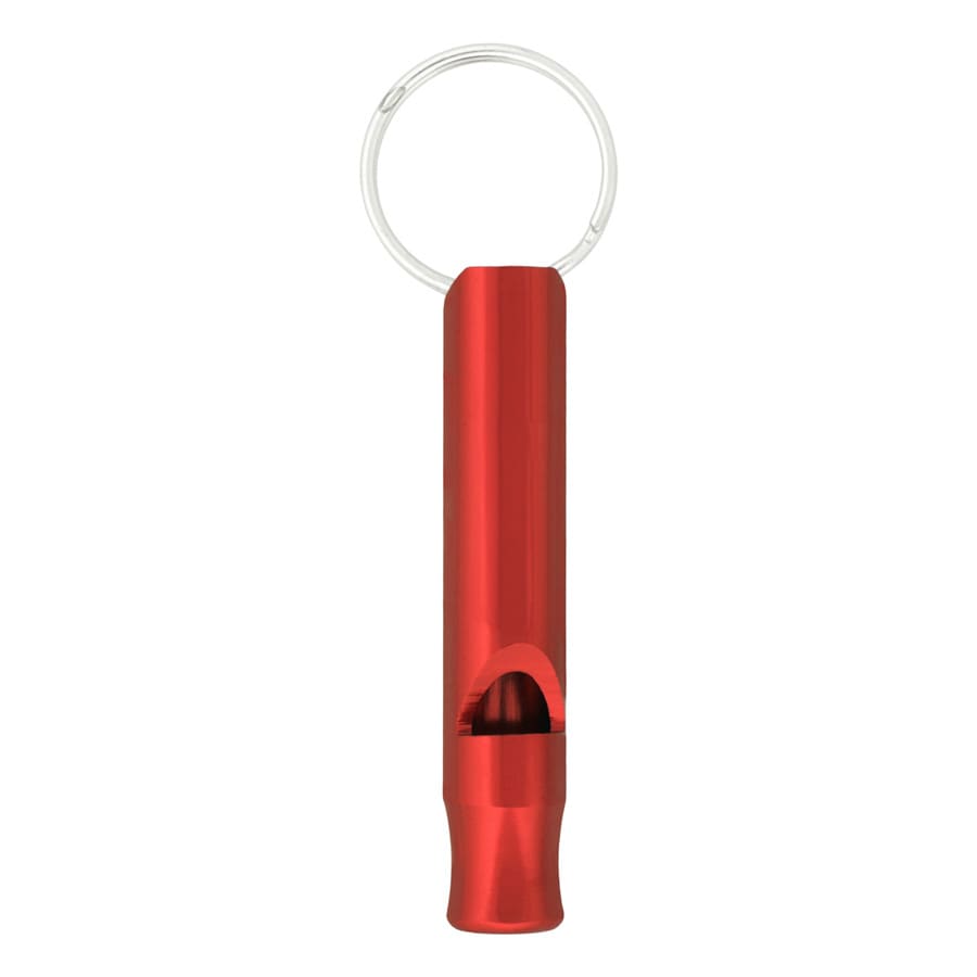 A red aluminium metal whistle keychain with a circular ring for attachment.