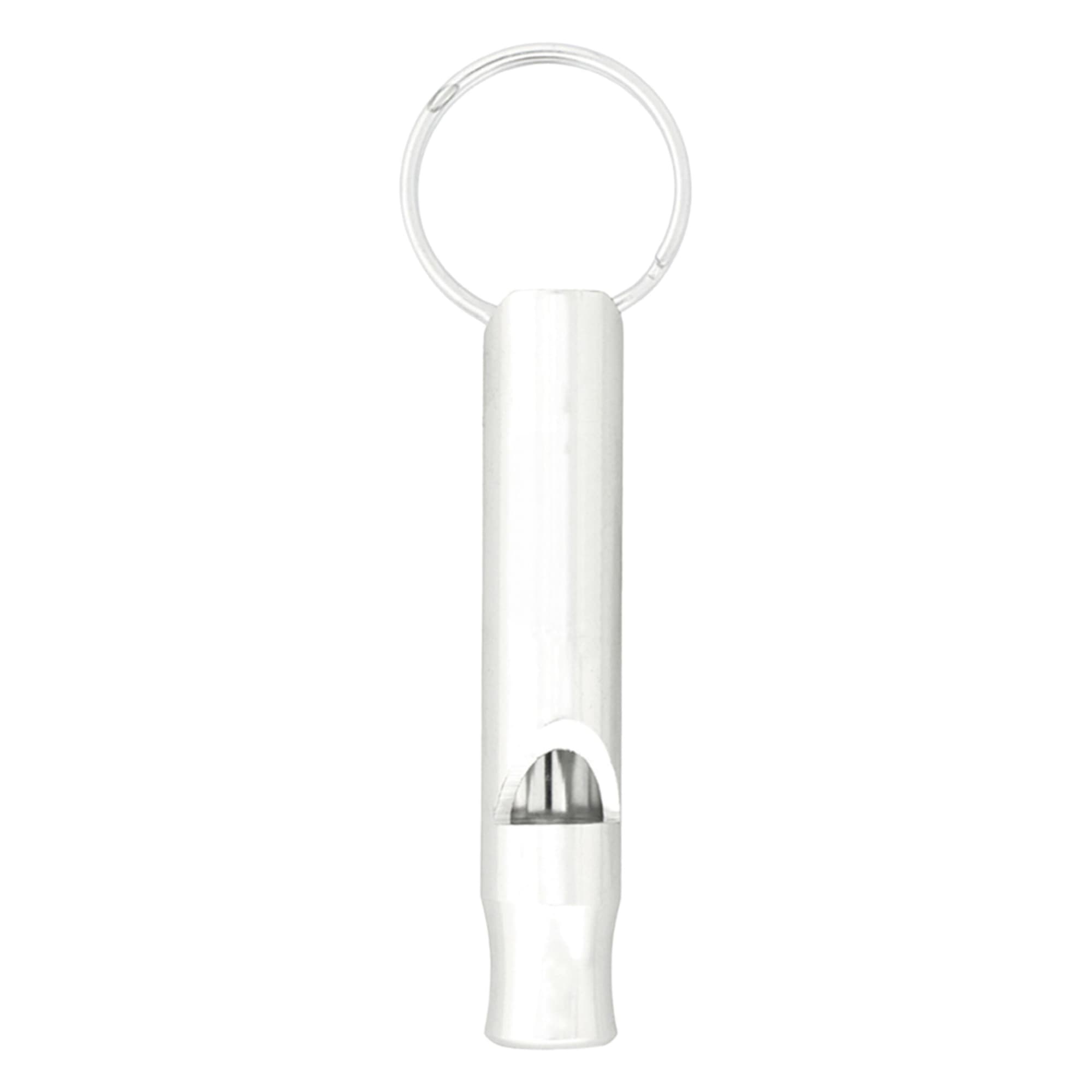 A white aluminium metal whistle keychain with a circular keyring attachment.