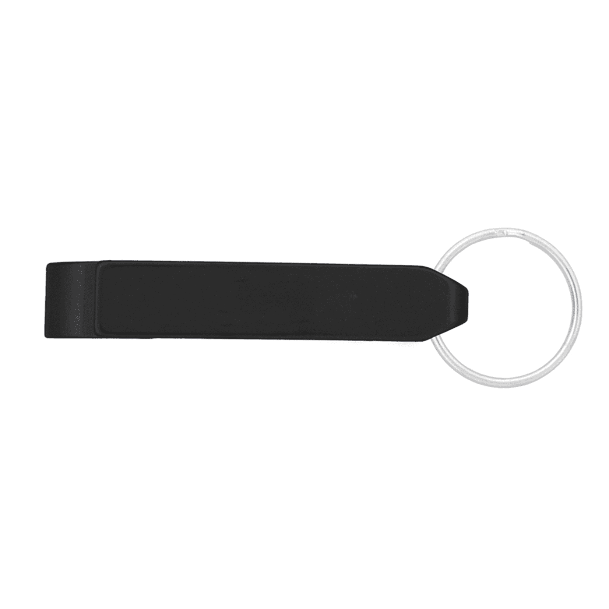 A drink bottle opener in a sleek black design, featuring a keyring attachment.