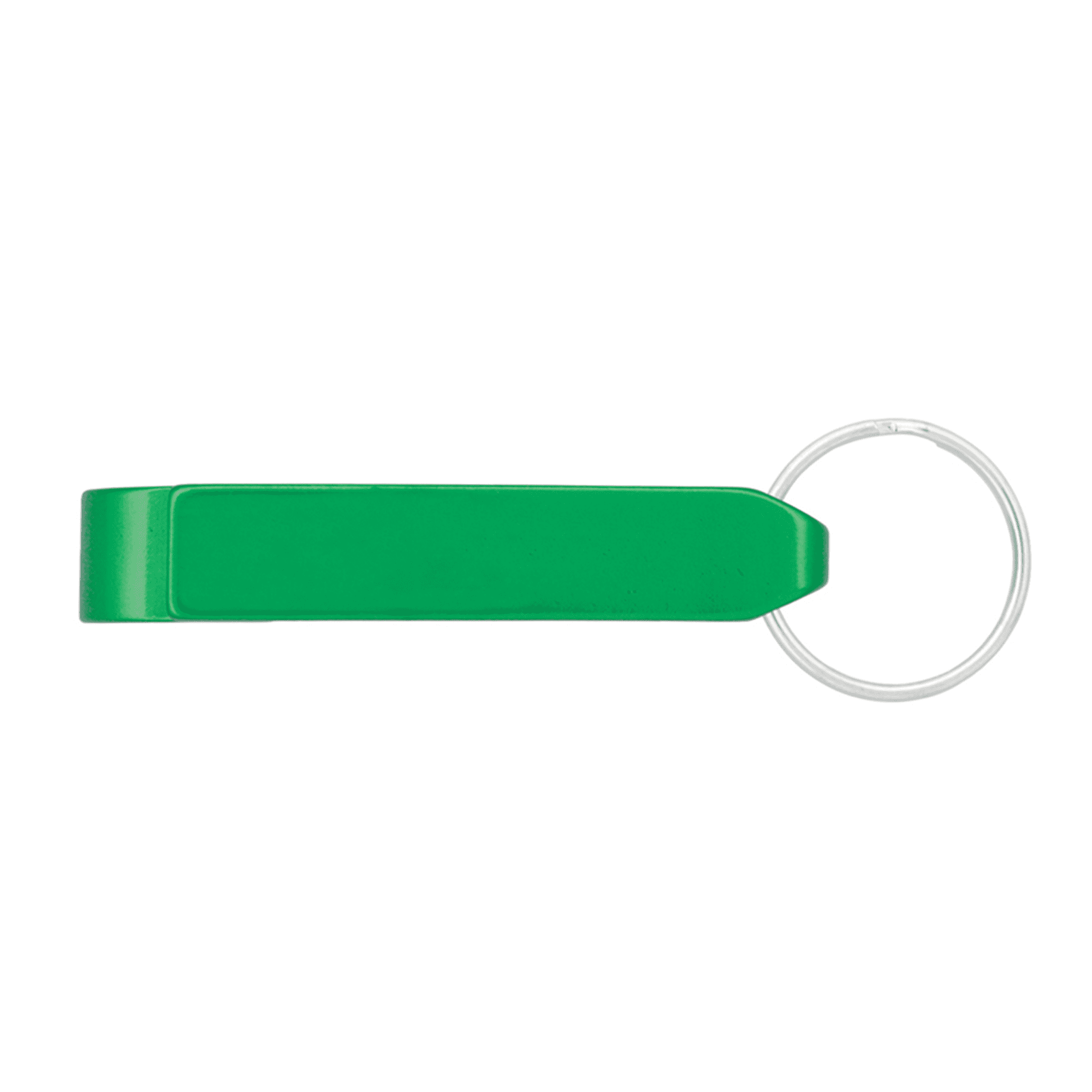 A green bottle opener with a keyring attachment. The opener has a simple, sleek design.