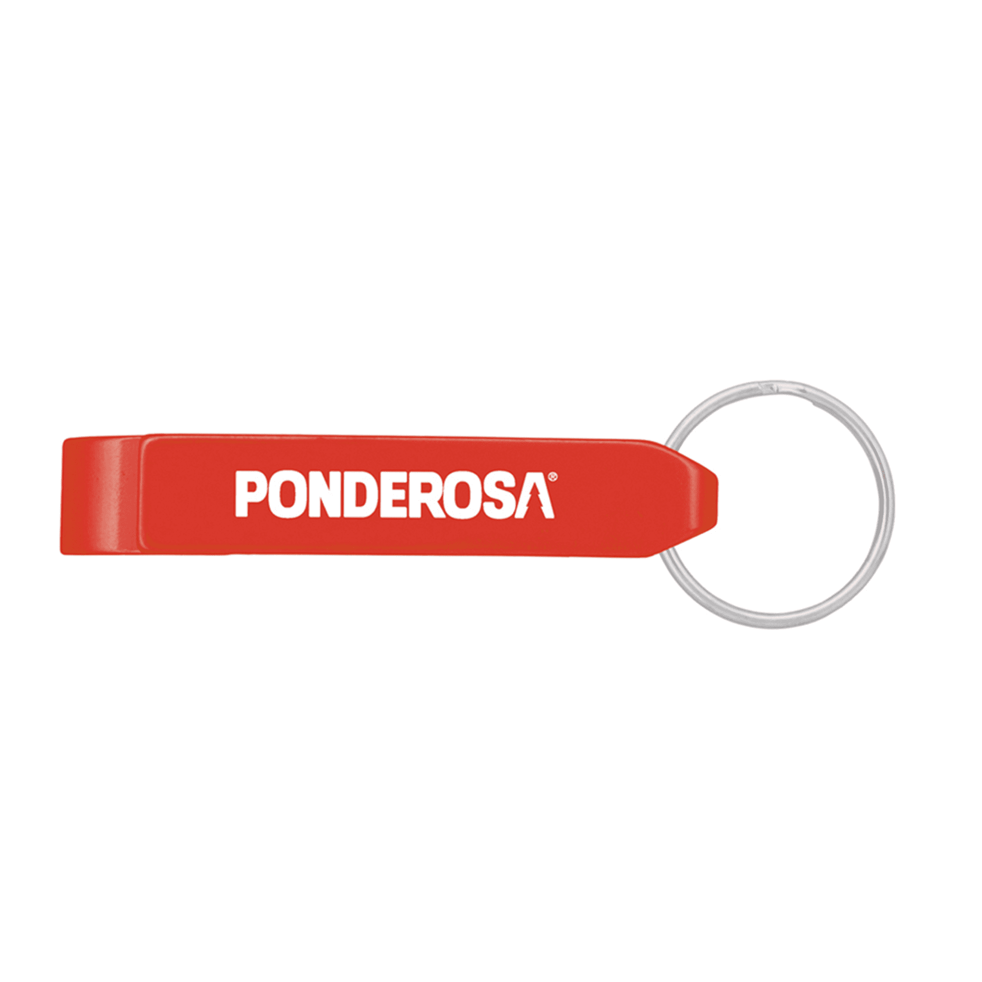 A drink bottle opener in red with a keychain ring and a logo.