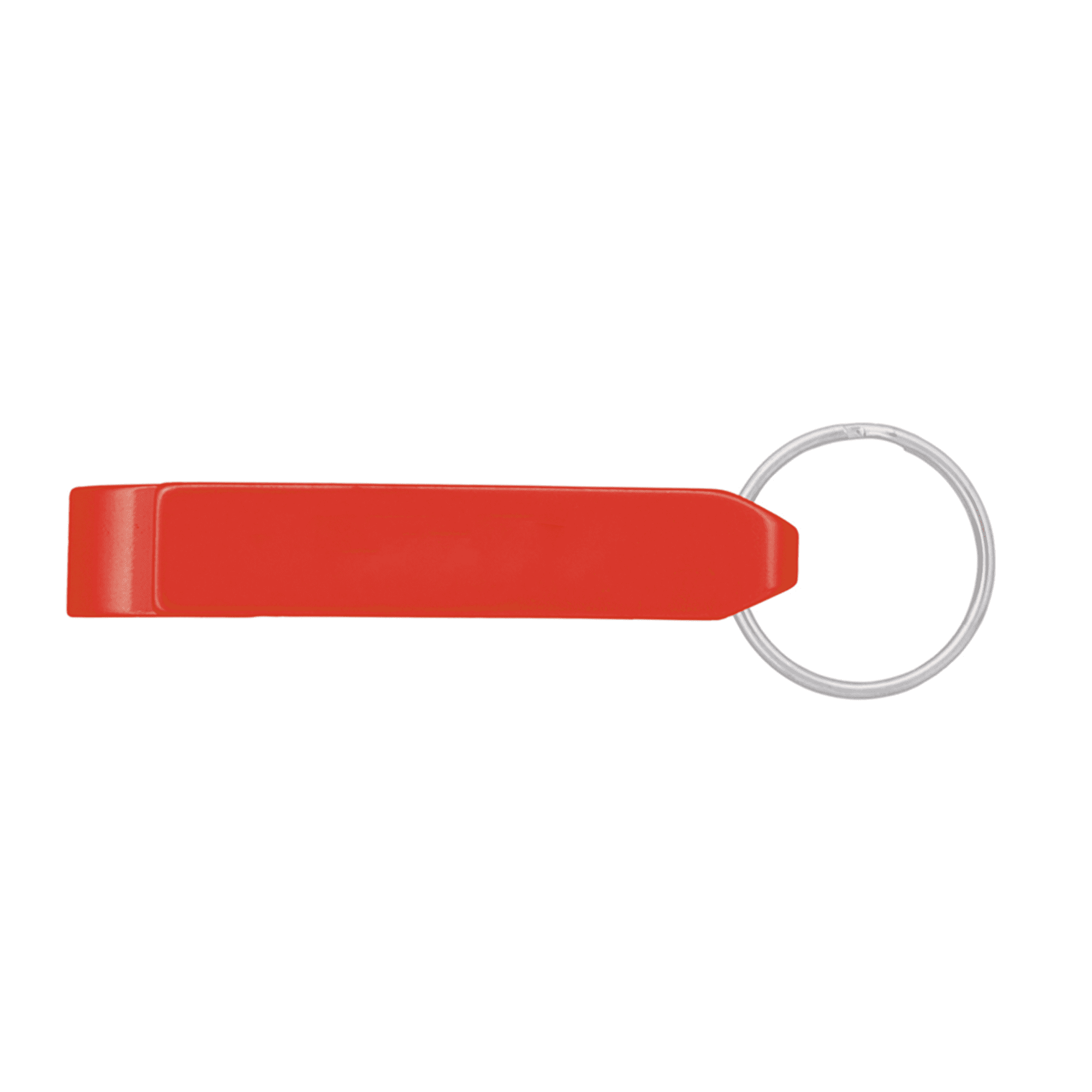 A drink bottle opener in vibrant red, with a keyring attachment for easy carrying. It features a simple design and a logo.