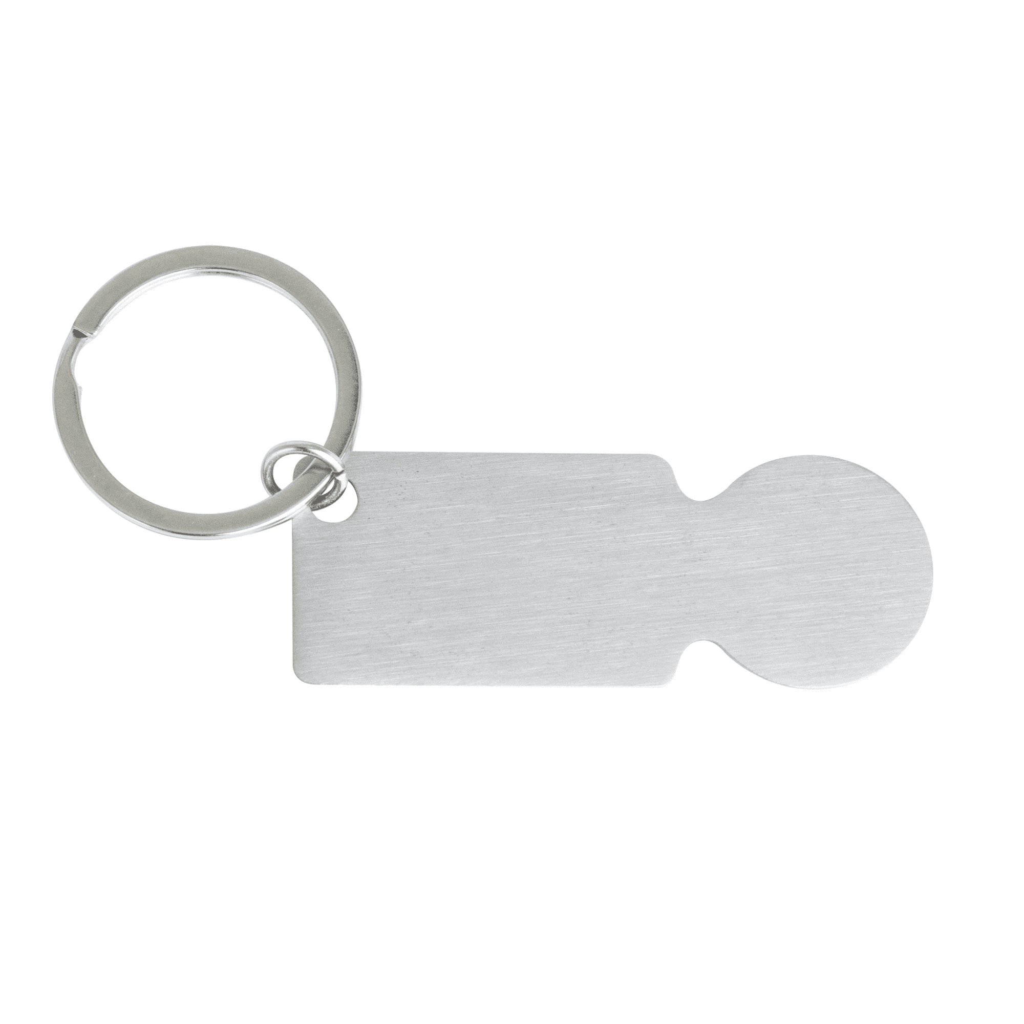 A silver keyring in a rectangular shape with a circular end. It has a metal loop for attachment.