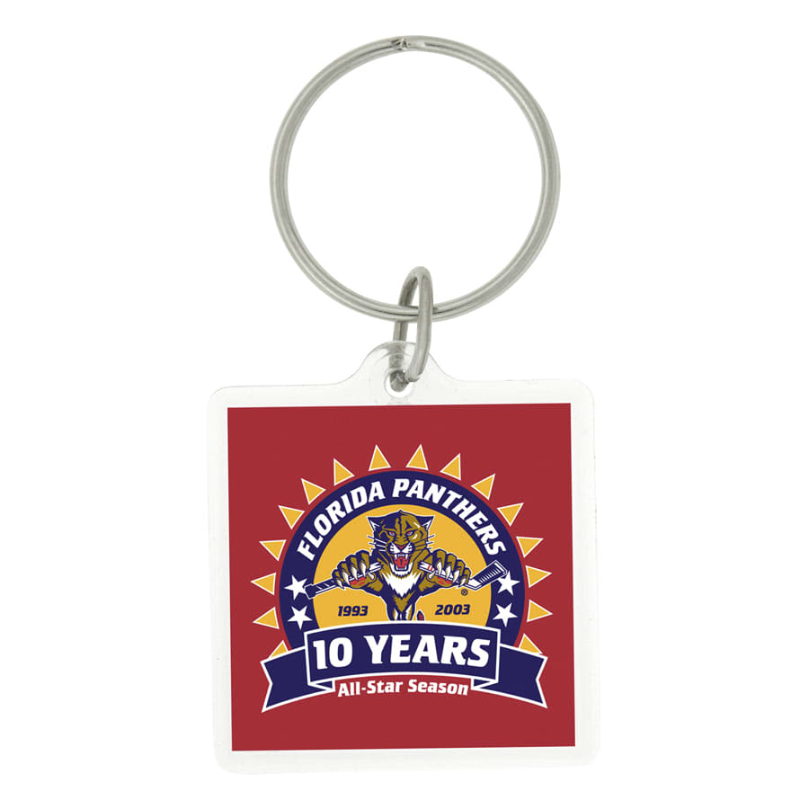 A square acrylic keychain with a silver metal ring, featuring a clear, blank surface.