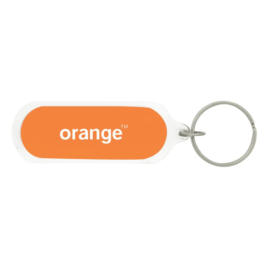 An oval acrylic keychain with a transparent border and a blue interior featuring a logo and phone number.