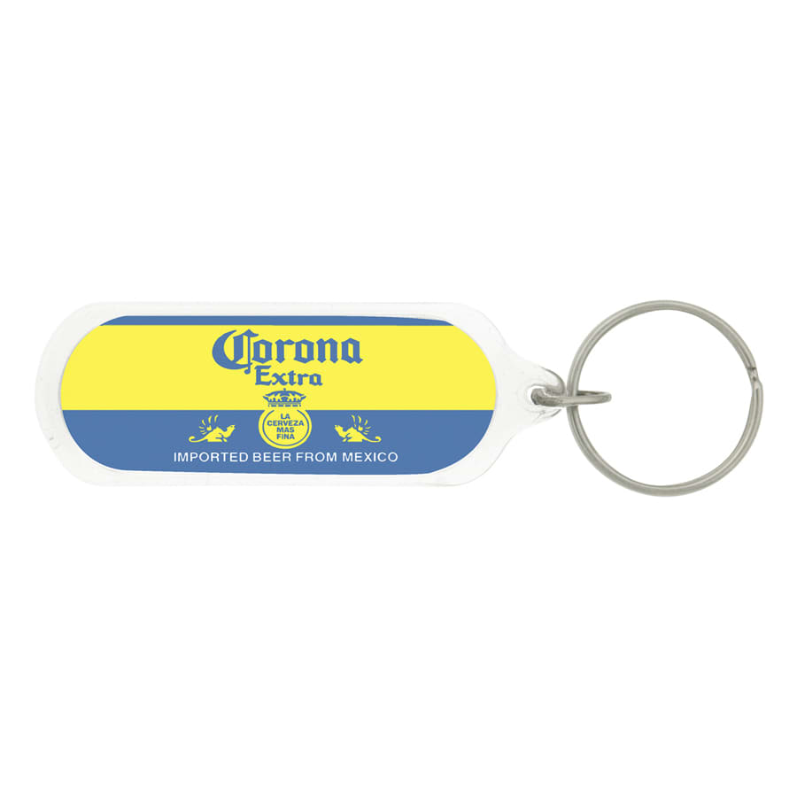A maroon oval acrylic keychain with a silver keyring, featuring a blank surface for custom designs.