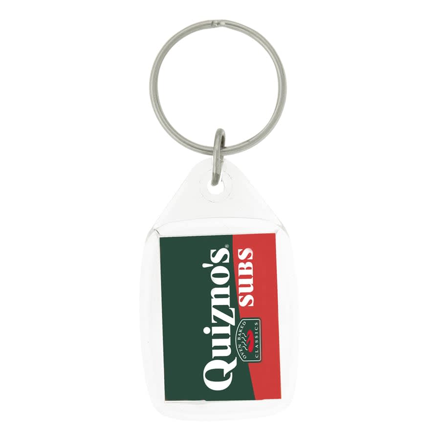 A clear tear drop acrylic keychain with a silver keyring, featuring an empty rectangular space.