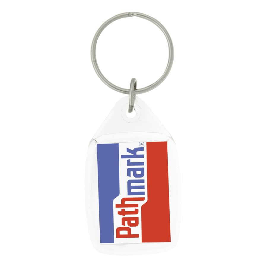 A clear tear drop acrylic keychain with a circular metal ring and a branding design featuring red and white colours.