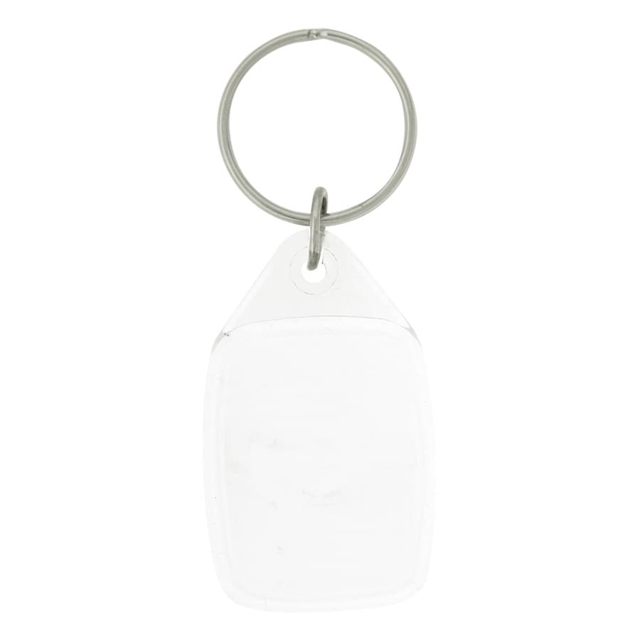 A tear drop acrylic keychain with a transparent design and a logo in green, white, and red colours.