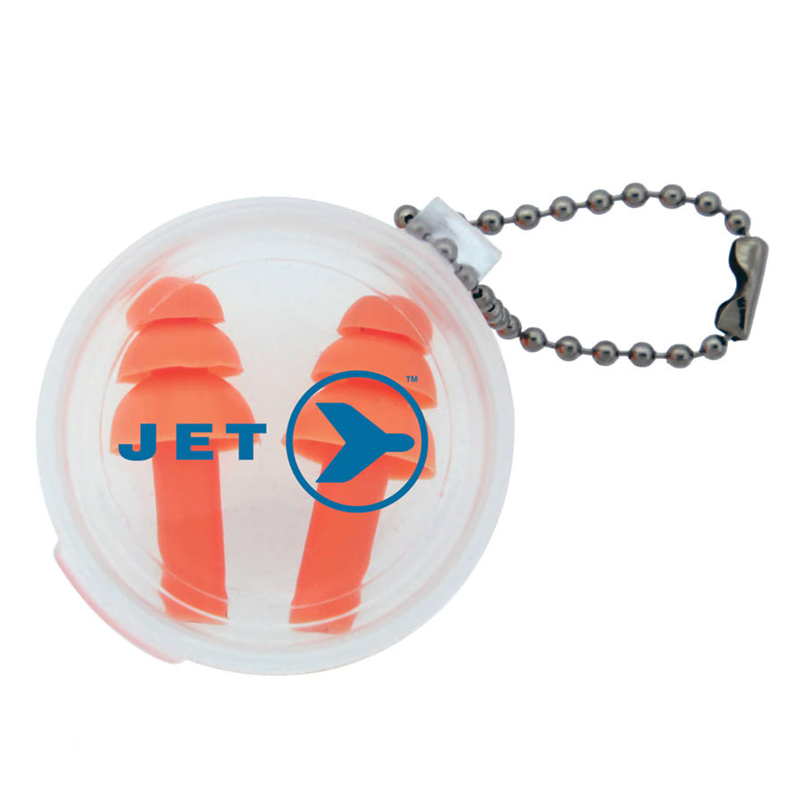 A clear case containing orange silicone earplugs attached to a metal keychain, featuring a logo on the front.