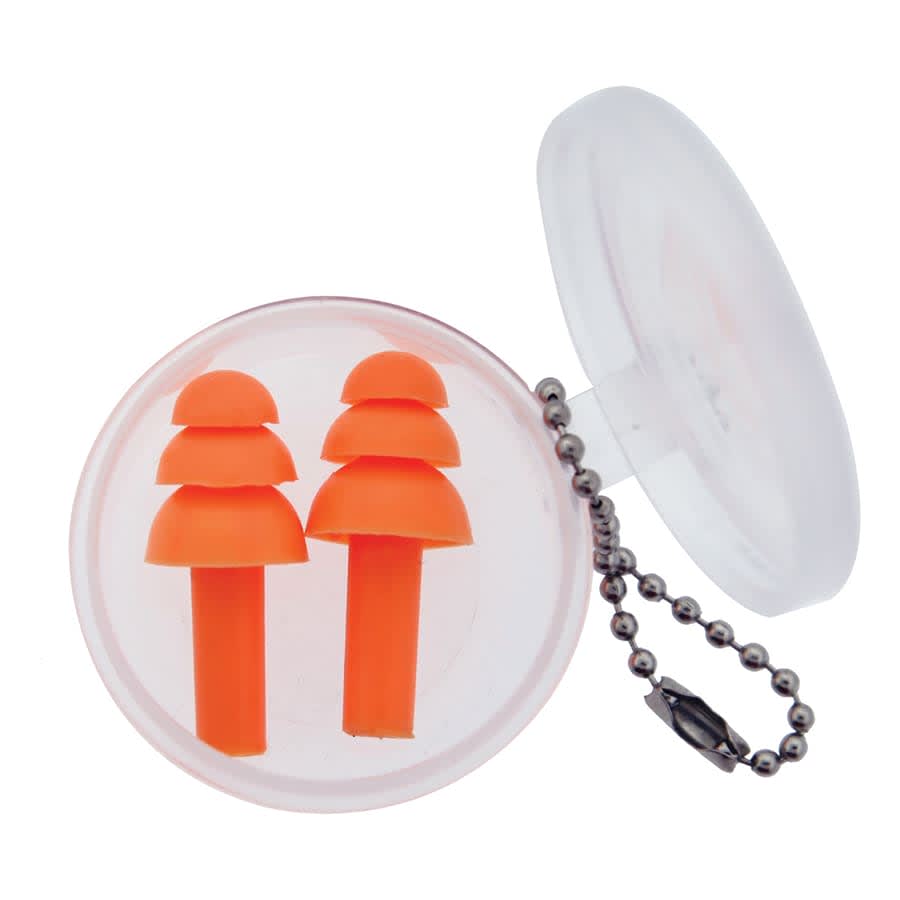 A transparent case containing orange silicone earplugs, attached to a keychain.