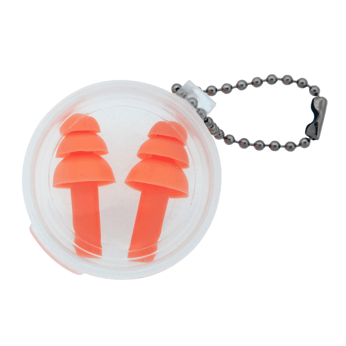 A clear container holds two orange silicone earplugs, attached to a keychain with a metal ball chain.