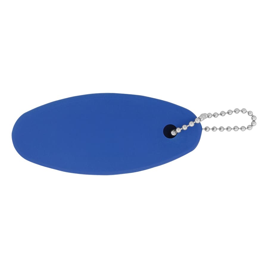 A blue floating keychain with a silver ball chain attachment. It has a smooth, oval shape.