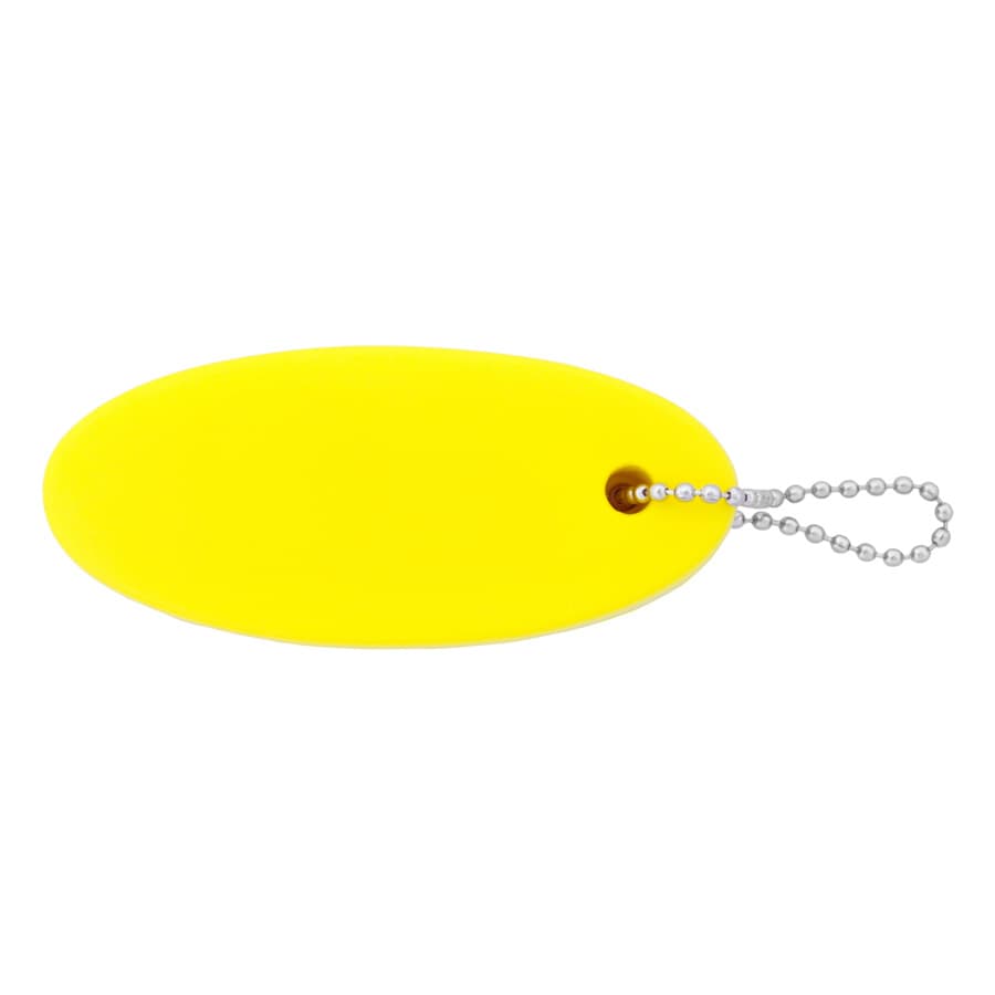 A yellow floating keychain with a silver chain and ball attachment. It features a smooth, oval shape.