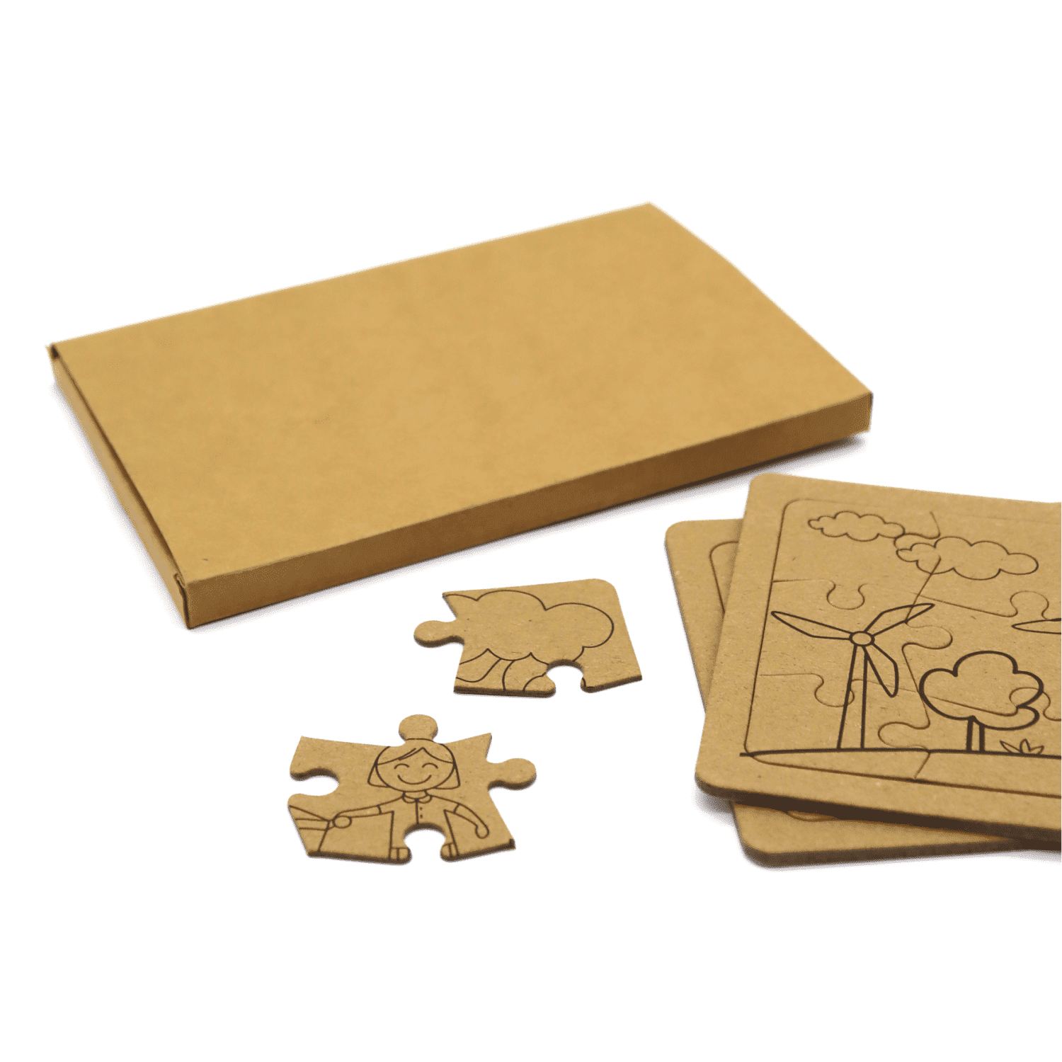 A brown cardboard box with two jigsaw puzzle pieces displayed alongside completed puzzle layouts.