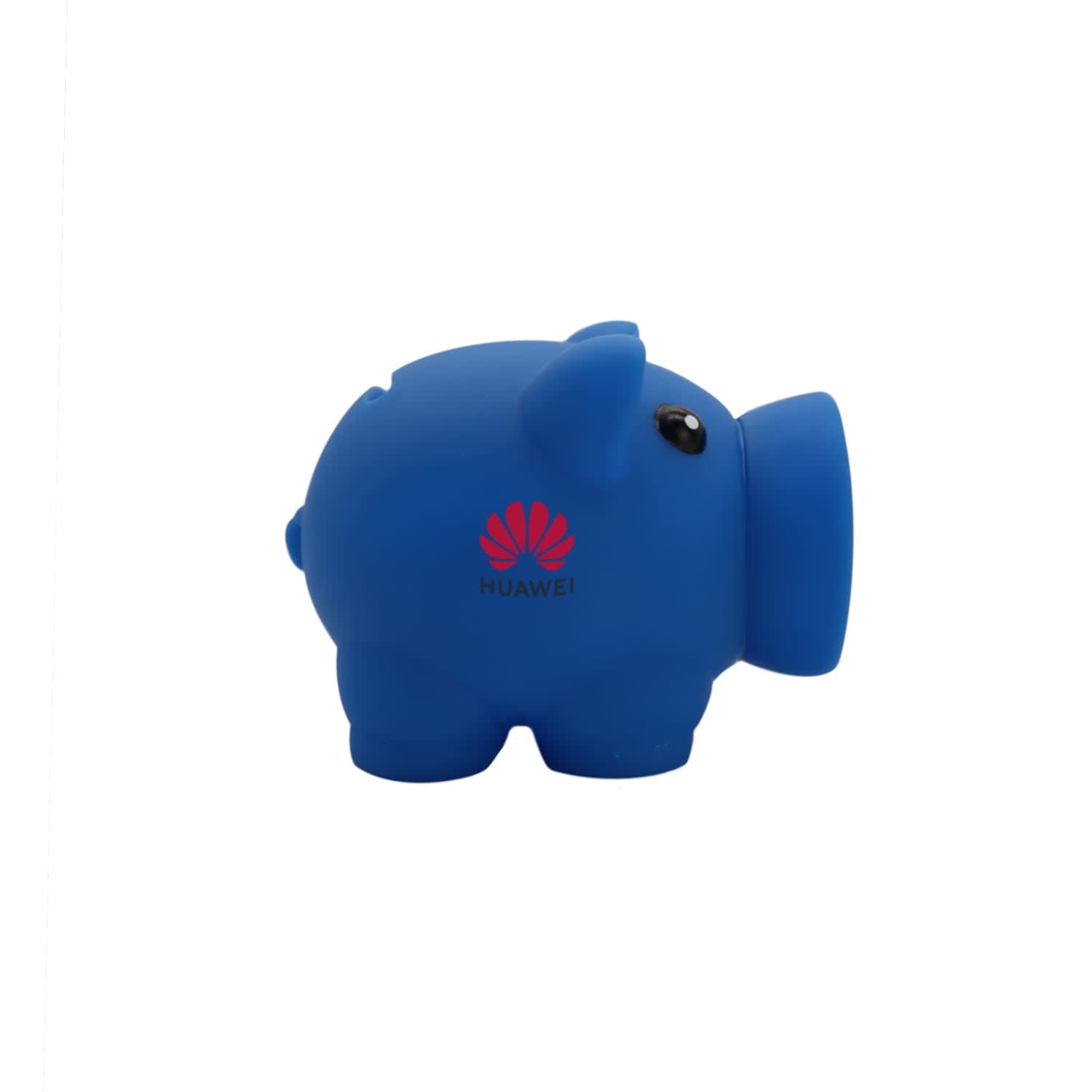 A blue piggy bank in a cartoon style with a logo on the front. Features a round body and small feet.