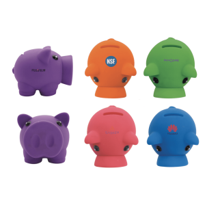 A set of colourful money boxes in the shapes of pigs and piglets, featuring various designs and a logo on one.