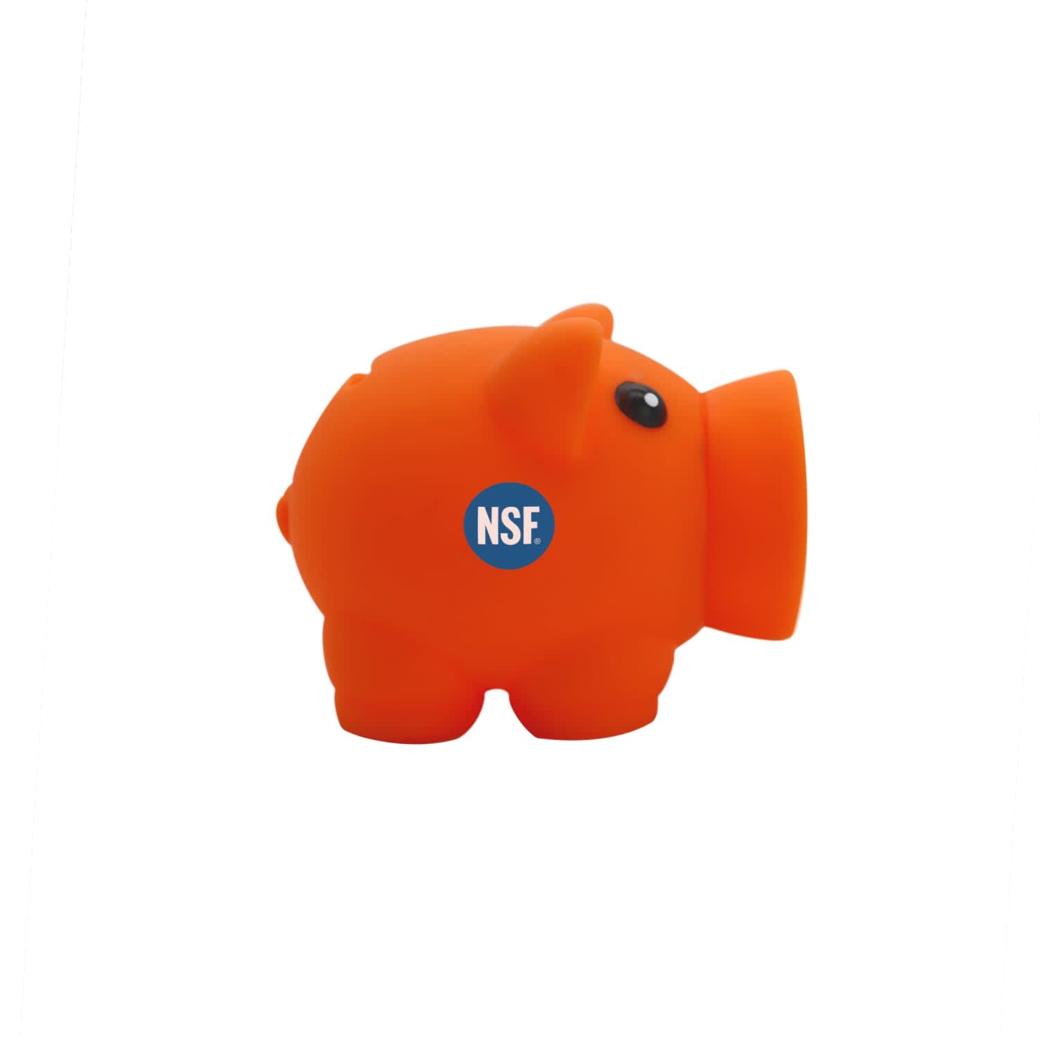 An orange piggy bank with a black eye and a circular logo on its side, featuring a fun design.
