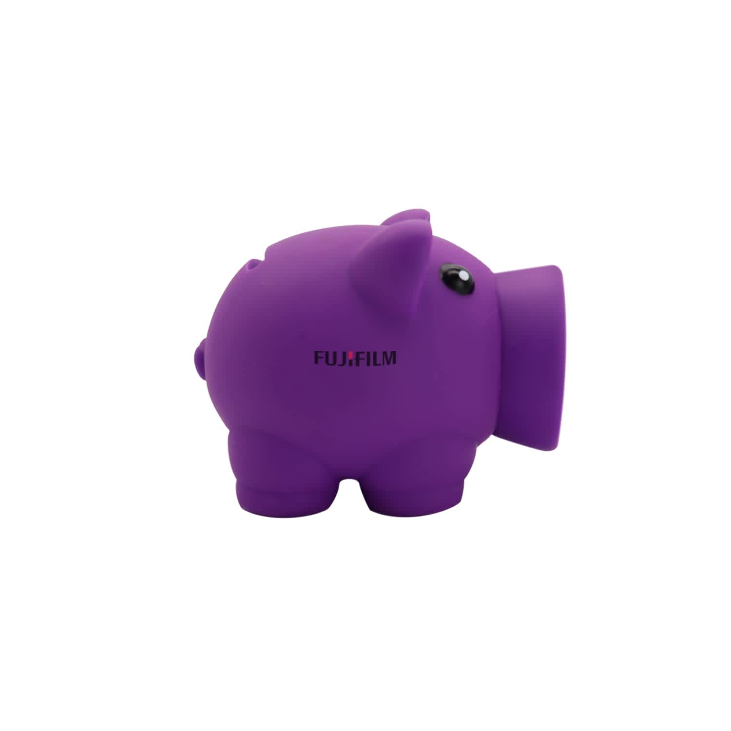 A purple piggy bank featuring a rounded design, with a smooth surface and a branding logo.