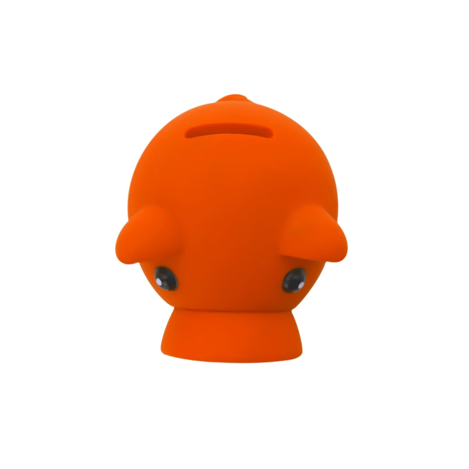 An orange piggy bank in the shape of a piglet, featuring eyes and small ears. It has a slot for coins and a logo.