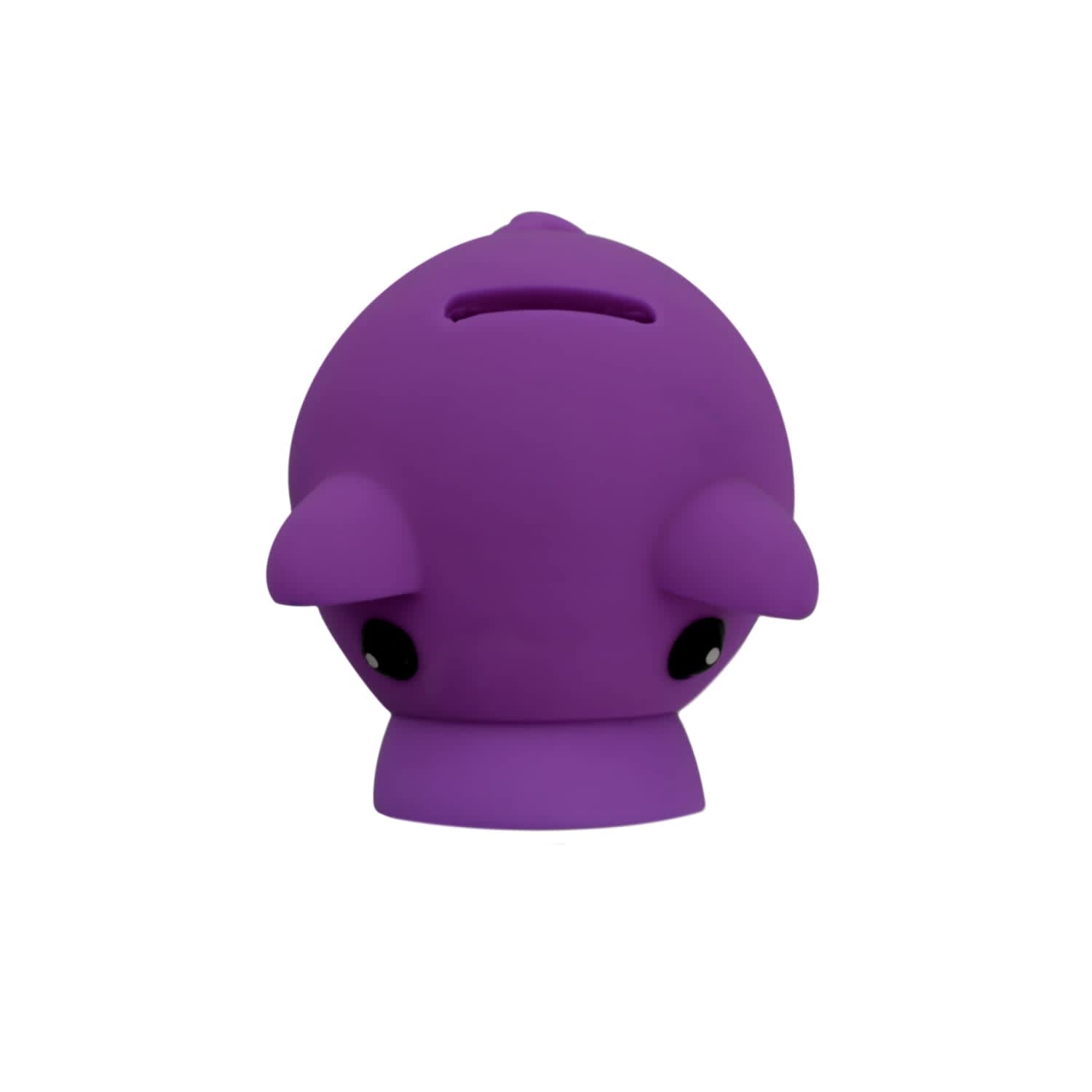 A purple pig-shaped money box with a smooth finish and large eyes, featuring a slot for coins on the top.